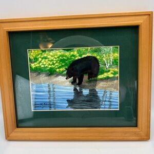 Jeanette Robertson Black Bear By Creek Signed Print Framed Matted Nature Cabin